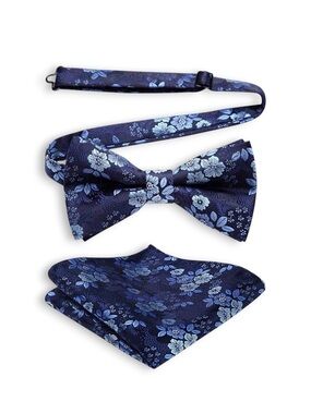 Men’s Blue Floral Bow Tie with Matching Pocket Square Set for Men